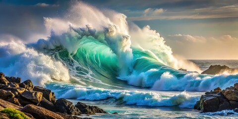 Fototapeta premium Powerful ocean wave crashing on the rocky shore with foamy surf and spray