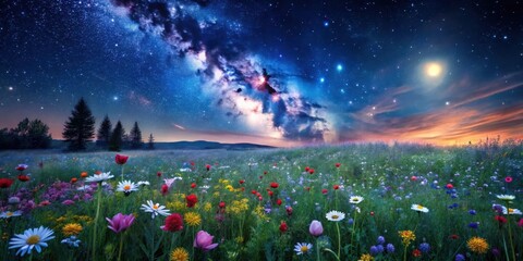 Naklejka premium Flowering wildflowers in a serene meadow under starry night sky