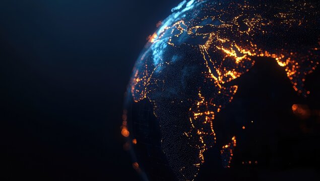 Earth at night, glowing with city lights.  A detailed, stylized depiction of the planet, with urban areas highlighted by fiery orange dots.  Dark space surrounds the globe