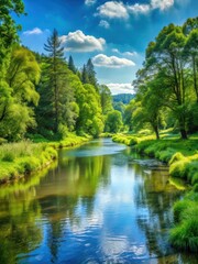 A serene landscape with a winding river surrounded by lush greenery and tall trees in the background