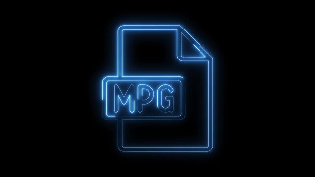 Glowing blue neon M P G file icon on black background futuristic digital media format symbol technology