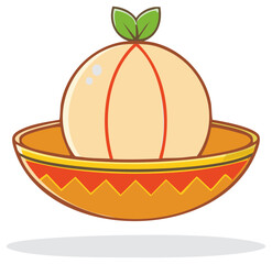 Stylized illustration of a fruit with leaves atop a decorative bowl with geometric patterns