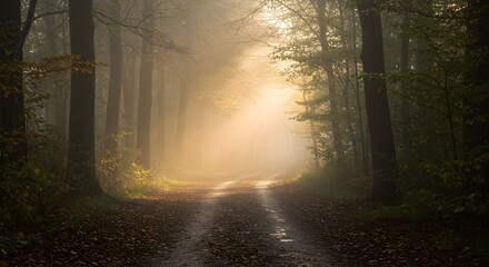 Misty forest path golden sunlight