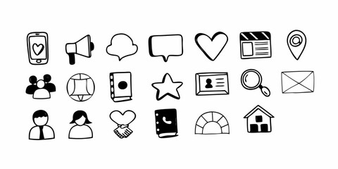 Hand drawn doodle icons representing communication, social media and business elements in black and white