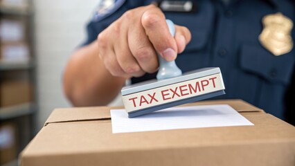 De Minimis Value A hand stamps a box with "TAX EXEMPT" in a professional setting.