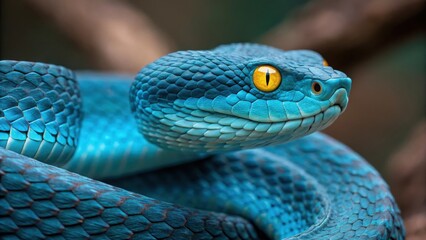 Fototapeta premium Close up of a blue pit viper with yellow eyes