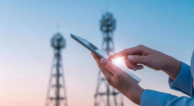 Touching a tablet with network towers in the background, wireless technology