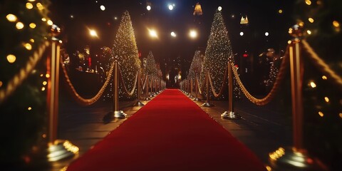 Red carpet event at night, decorated with Christmas trees and lights