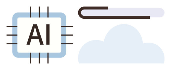 AI chip alongside a cloud and a streamlined pathway, representing artificial intelligence, data sharing, and connectivity. Ideal for technology, innovation, data flow, AI systems, cloud computing