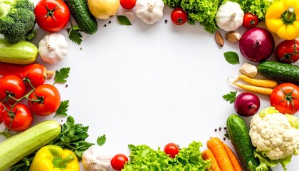An overhead composition of fresh groceries arranged along the bottom edge of a clean white surface