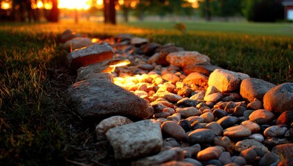 Sunlit stone pathway through grass at sunset