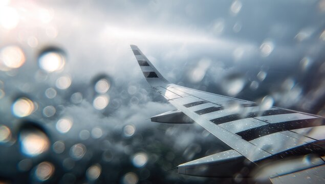 Airplane wing viewed from window during stormy weather, rain drops on glass