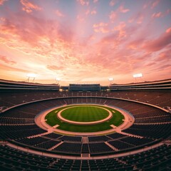 Vast sports stadium filled with spectators under a dramatic sunset sky