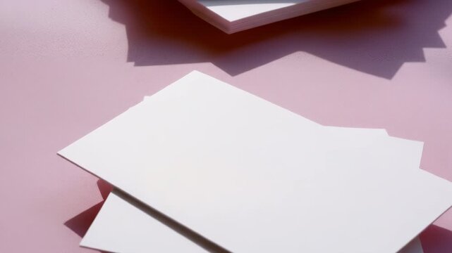 A stack of white paper with a pink background. The stack is neatly arranged and he is a part of a larger project or display. The white paper could be used for writing, drawing