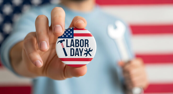 Person holding labor day button with american flag background
