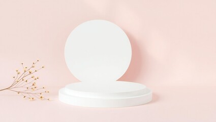 Minimalist white oval podium with delicate dried flower on soft pink background