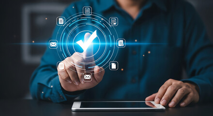 Businessman interacting with digital documents and confirmation process interface