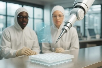 Futuristic robotic arm conducting lab test with scientists observing in sterile environment using digital data charts and graphs in background. Ai generative