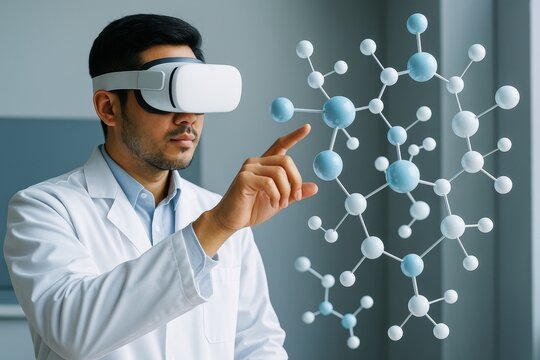 Scientist using virtual reality headset interacting with molecular structure in a futuristic science lab background, symbolizing advanced research tech. Ai generative