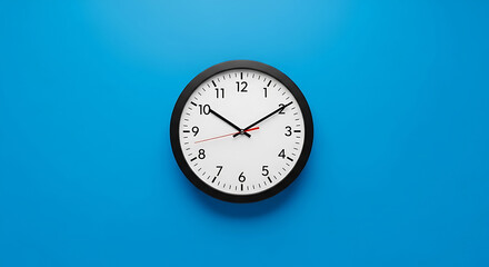 Black analog clock showing time on blue background simple concept