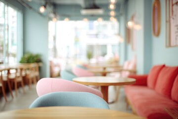 Pastel-toned cafe interior, soft focus on chairs and tables, bright windows in background