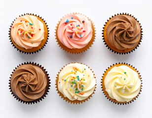 Six frosted cupcakes with colorful toppings on a white background.