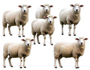 Fototapeta premium Five sheep in a row against white background