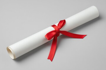 Rolled white certificate tied with a red ribbon
