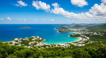 Naklejka premium Breathtaking aerial view of a tropical beach resort under a blue sky