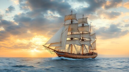 A majestic sailing ship at sunset.