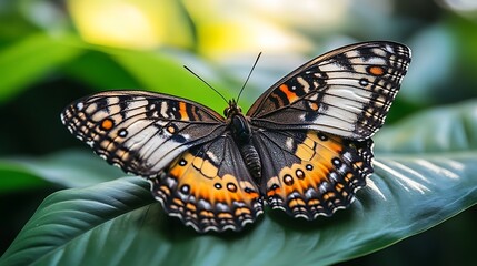 Fototapeta premium Close-up of a butterfly resting on a leaf.