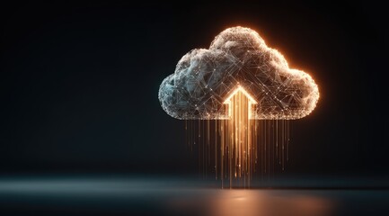 Glowing cloud icon with upward arrow, data streams