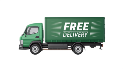 Green delivery truck with free delivery text isolated on transparent background