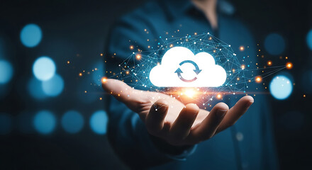 Man holding cloud computing technology for data storage and synchronization