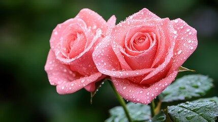 Fresh Pink Roses with Water Droplets After Rain Shower