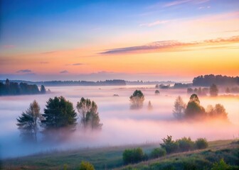Gentle fog rolling over a serene landscape at dawn