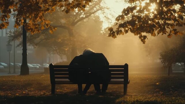 Elderly Couple Sitting on Park Bench in Autumn Morning Light &ndash; Cinematic Tracking Shot with Falling Leaves and Peaceful Nostalgic Atmosphere