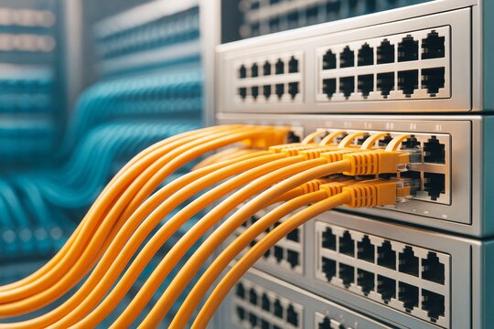 Close-up of yellow network cables connected to data center switches on blurred blue background, illustrating technology infrastructure concept. - Powered by Adobe