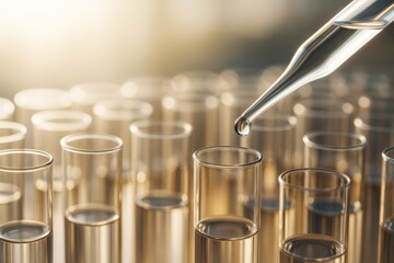 Laboratory pipette dropping liquid into test tubes with glowing scientific background and warm light in 3d style. Ai generative.