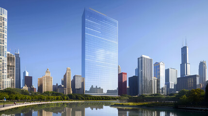 Obraz premium Cityscape view featuring a tall glass skyscraper reflecting the sky near a body of water in daylight .