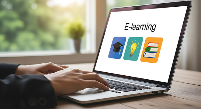 Laptop screen showing e learning icons education technology concept