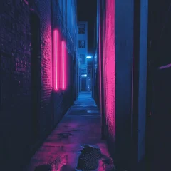 Wandcirkels Smal steegje Neon-lit alleyway at night.  Dark, narrow passageway between buildings.  Vibrant pink and blue neon lights accentuate the brick walls.  Wet pavement reflects the vibrant hues  © Hutan