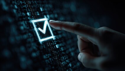 A fingertip hovers over a glowing checkmark icon displayed on a dark screen filled with code.  The scene suggests digital confirmation or task completion