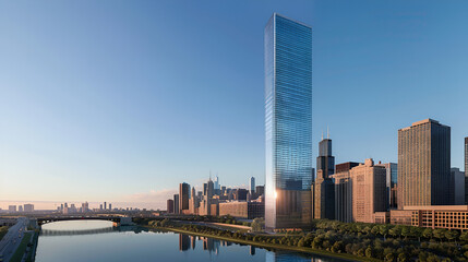 Naklejka premium A cityscape view featuring a tall skyscraper alongside a river and an arched bridge during daytime light .