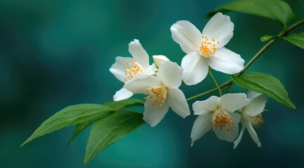 Obraz premium A close-up showcases a delicate cluster of pristine white blossoms, their golden centers vividly contrasting against a soft, teal backdrop. The lush green foliage enhances the floral elegance