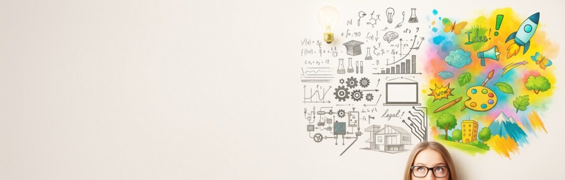 Split concept of science and creativity with colorful and technical illustrations on clean white background and copyspace for mockup or poster. - Powered by Adobe