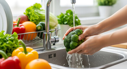 Woman washing broccoli in kitchen sink with fresh fruits and vegetables