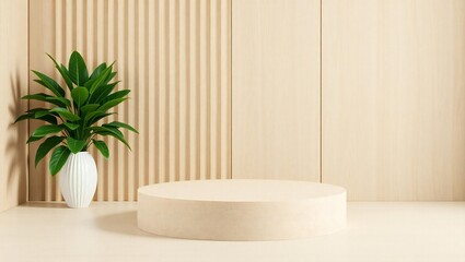 Minimalist beige studio scene with a plant and podium for product display