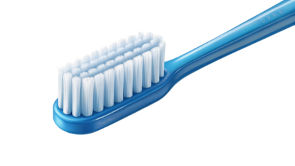 Blue toothbrush with white bristles isolated on transparent background, a dental care tool for oral hygiene and daily cleaning routine