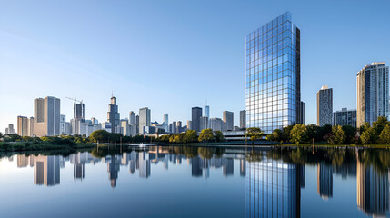Naklejka premium Urban landscape featuring a reflective lake and a modern city skyline with tall buildings visible afar .